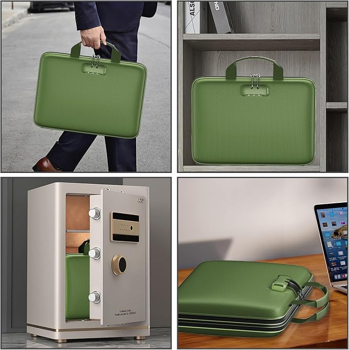 Fireproof File Organizer with Lock, Hard-Shell Document Box, Green | Water Resistant, 13-Pocket Expanding Folder, Portable Safe Storage for Letter Legal Files, Laptop, Valuables, Large Capacity