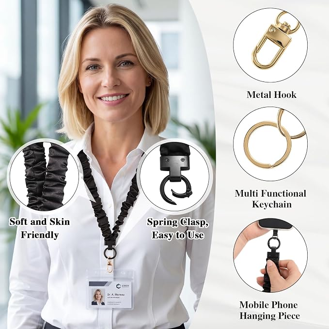 Prudiut Scrunchie Lanyards for ID Badges Retractable Teacher Lanyard Black Stretchy Scrunchie Lanyard with ID Holder (Black Metal Key Ring)