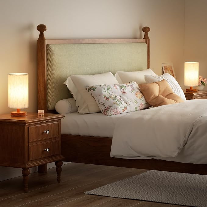 Desk Small Lamps Set of 2 (Cream Shade - Walnut Base, 9" Inline Control) | Two 3000K LED Blubs Included | 680 Lumens | Easy Assembly | Minimalist Design | E26 | for Kitchen | for Kids Room