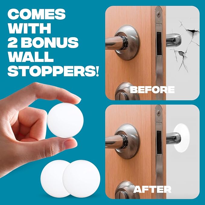 STRONGEST HOME Stoppers for Bottom of Door – Heavy Duty Metal Rubber Door Stopper, Non-Slip Door Stop for Heavy Doors, Works on Wood, Tile & Carpet Floors, Folding Black 2 PC + 2 White Wall Protectors