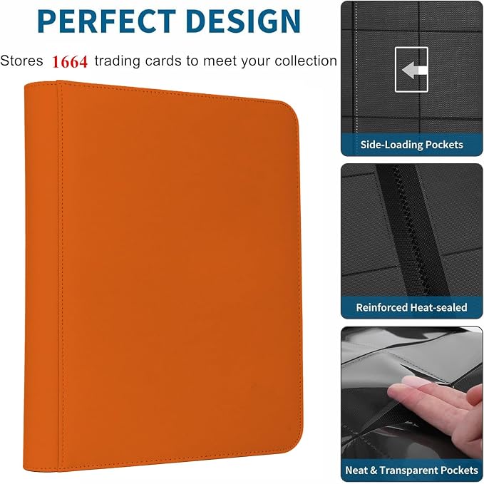 Trading Card Binder 16 Pocket, 1664 Pockets Ringless PU Cover Card Collection Binder, Double Sided Card Binder Collector Album, Card Folder for MTG, TCG, Sports Cards, Game Card (Orange, 16Pockets)