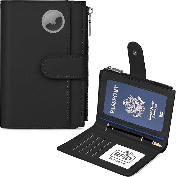 RFID Passport Holder for Travel, Leather Passport Wallet Cover with Airtag | with Airtag Slot, Card Cash Holders, Zippered Coins Pocket, for Women/Men, Gift Box, Travel Essentials, 4.1"L x 1"W x 6.3"H