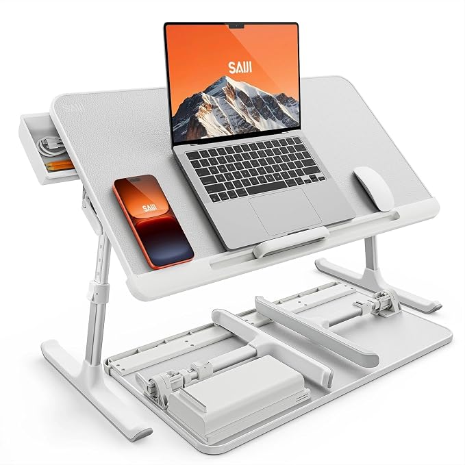SAIJI Laptop Bed Tray Table, Adjustable PVC Leather Laptop Bed Table, Portable Standing Desk with Storage Drawer, Foldable Lap Tablet Table for Sofa Couch Floor (Large,White) | Fits 17" Laptop, Work From Home & Dorm Study, with Storage Drawer & PVC Lea...