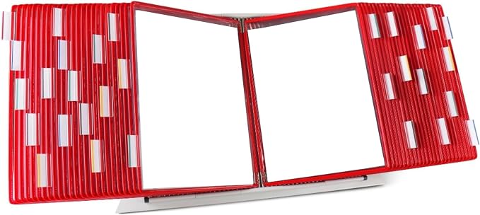 Tarifold Desktop Reference Display System, 50 Pockets, Expandable, Red | 50 double-sided PVC pockets, holds 100 letter-size sheets, sturdy metal base, quick-find indexing, quick and easy to assemble