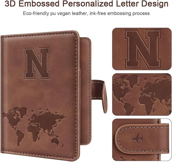 Passport Holder Wallet Cover Personalized Initial Travel Essentials | Embossed Letter A-Z Design, Travel Wallets, RFID Blocking, Passport Book Holders, Women Men, Personalized Gifts, Brown-N