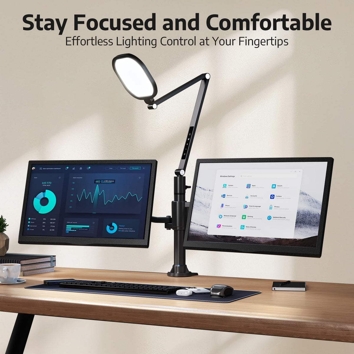 Desk Lamp for Computer Monitor Arms, Compatible with 1.18-1.38 inch Diameter Pole-Mounted Dual Monitor Stand, 1200LM Dimmable Desk Light with Remote Control, 31" Tall, CRI 95, Timer