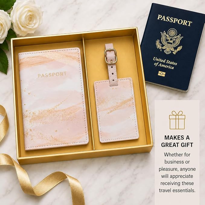 WORD TRAVELER Passport Cover Holder And Luggage Tag Set In Gift Box | Faux Material, Adjustable Buckle Strap, Privacy ID Window, Slim Lightweight Build for Easy Carry