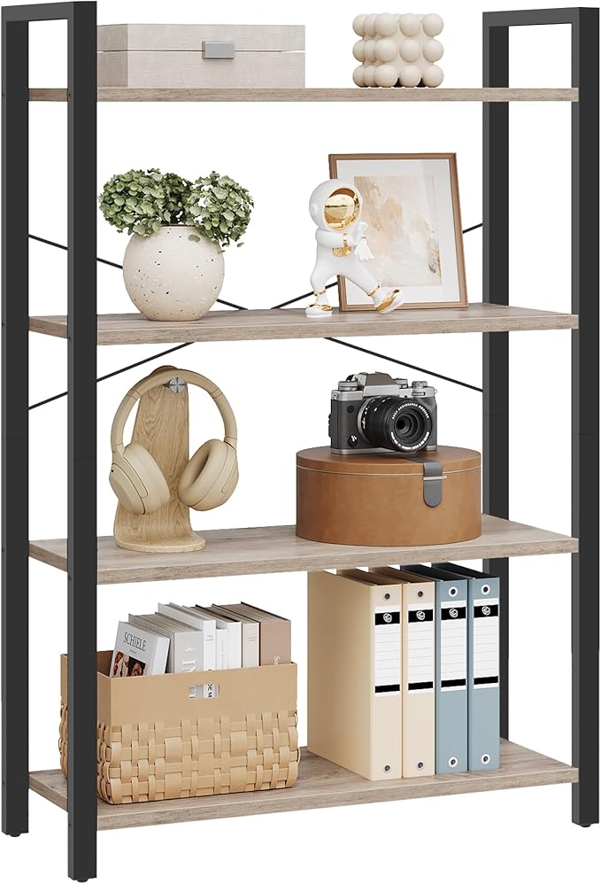 VASAGLE 4-Tier Bookshelf, Bookcase with Steel Frame, Book Shelf for Living Room, Home Office, Study, 11.8 x 26 x 47 Inches, Industrial Style, Heather Greige and Ink Black ULLS060B02