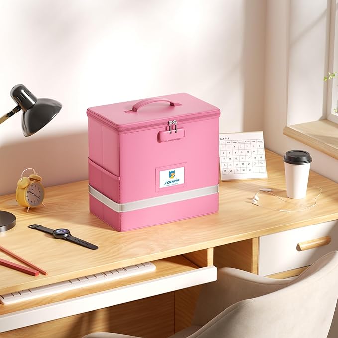 Fireproof File Box with Lock, Collapsible Document Organizer, Pink | Suitable for Hanging Folders in Letter Size, Reflective Strip for Fast Find, Home Office Safe Protection,12.2"x6"x10.2"