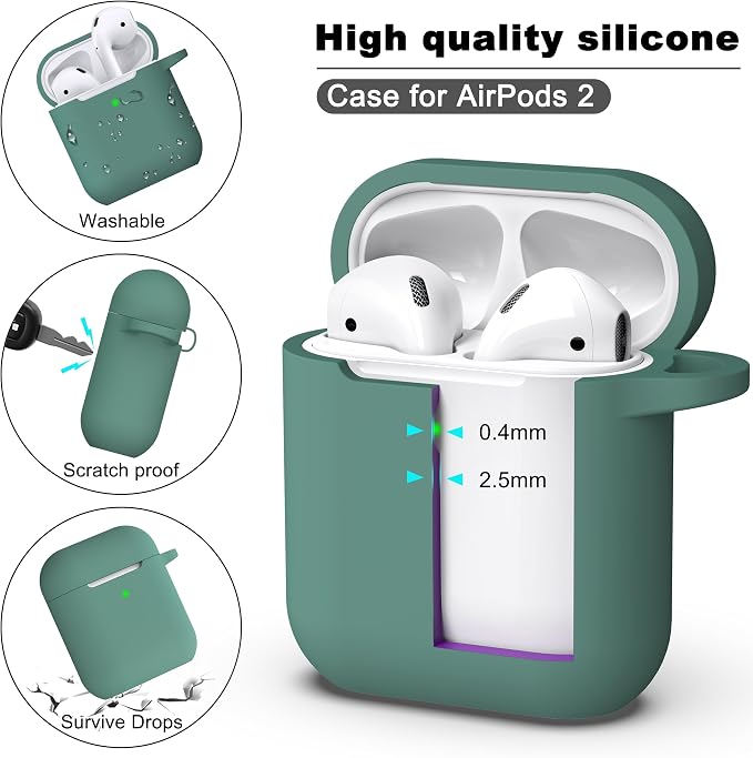 R-fun for AirPods 1/2 Case, Soft Silicone Protective Cover with Keychain and Cleaning Pen, Compatible with AirPods 2nd/1st Generation (2016/2019), Full Drop Protection Cover, Pine Green