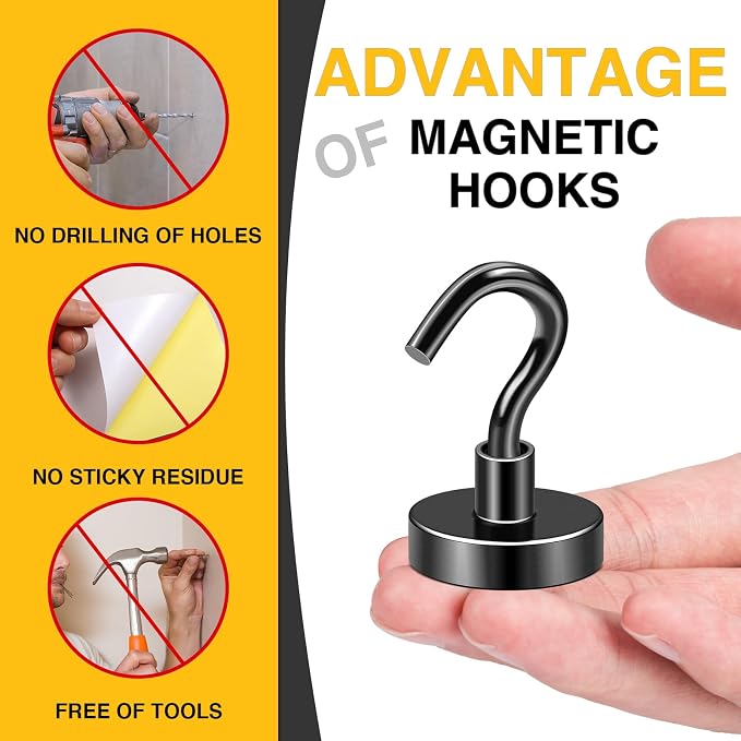 DIYMAG Magnetic Hooks, 85lbs 10pcs Cruise Cabin Essentials Heavy Duty Black | Strong Neodymium Rare Earth Magnets, for Kitchen, Classroom, Beach, Cruise Cabins, Refrigerator, Hanging Key Clothes Wall Hat