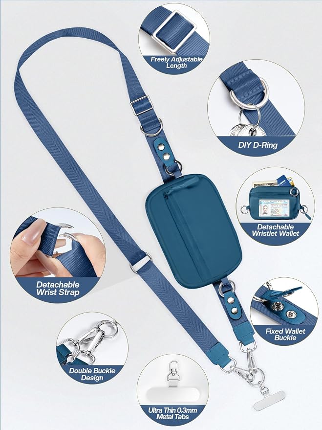 Tiostep Clip and Go Strap for Phone with Wallet Crossbody Phone Lanyard Adjustable and Detachable RFID Wristlet Wallet (Peacock Blue, Medium)