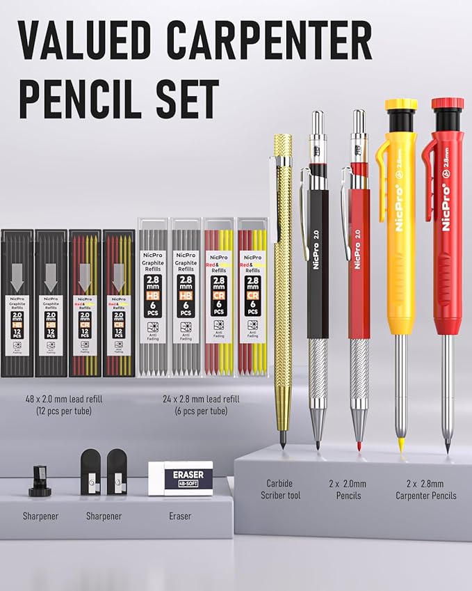 Nicpro 18 Pack Carpenter Pencil Set with Sharpener, Mechanical Carpenter Pencils with 76 Refills and Carbide Scribe Tool, Deep Hole Marker, Heavy Duty Construction Pencil for Architect-With Case | Heavy Duty Construction Pencils, Comfortable Grip Woodw...