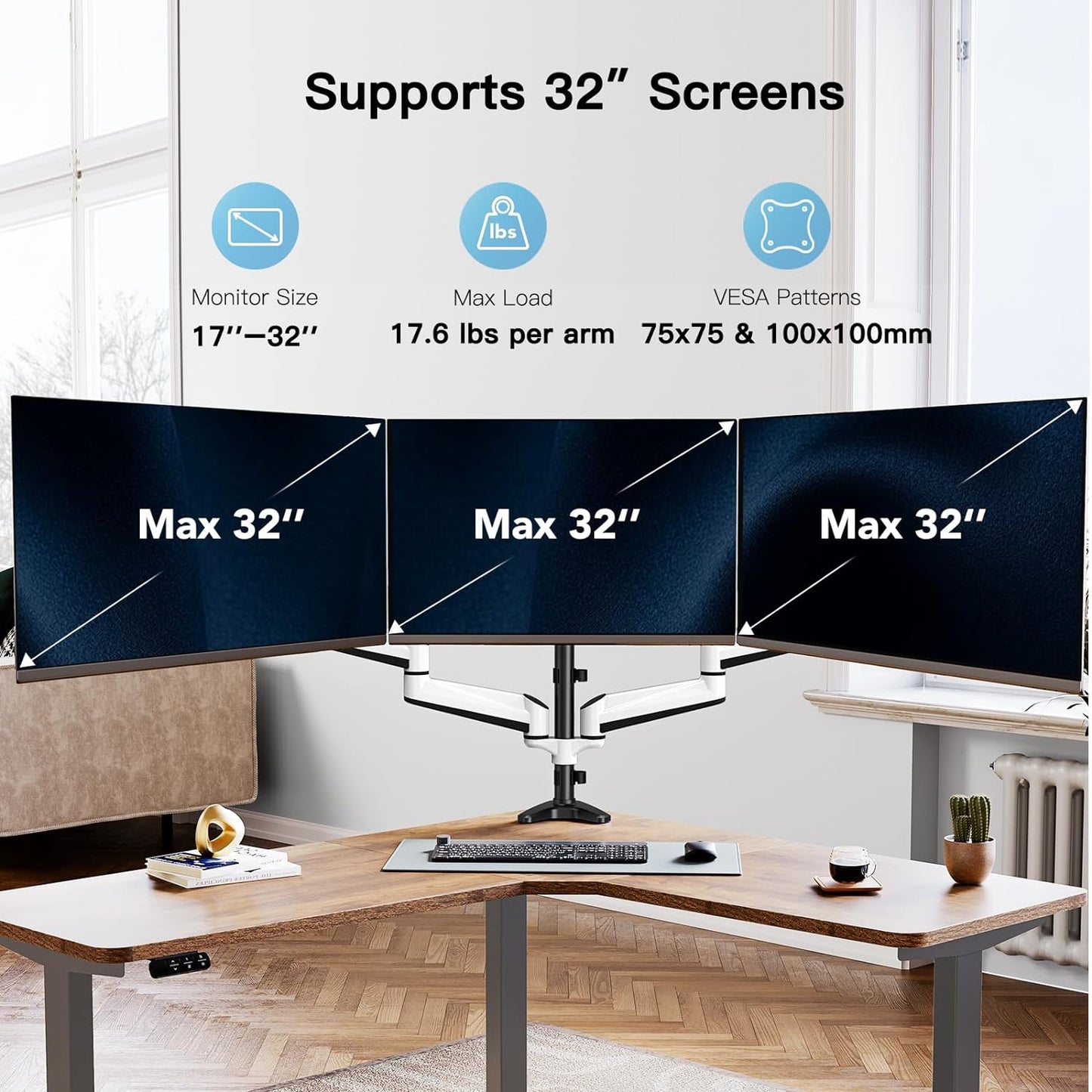 HUANUO Triple Monitor Stand - Full Motion Articulating Gas Spring Monitor Mount Fit Three 17 to 32 inch LCD Computer Screens with Clamp, Grommet Kit