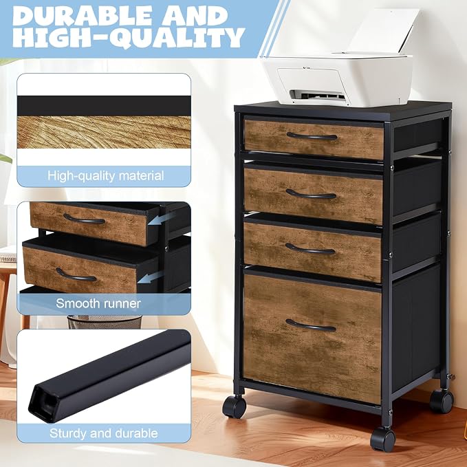 4 Drawer Rolling File Cabinet Mobile Printer Stand Metal Cart with Fabric Vertical Filing Chest Wheels A4 Letter Size Under Desk Utility Craft Storage Organizer for Home Office School(Brown)