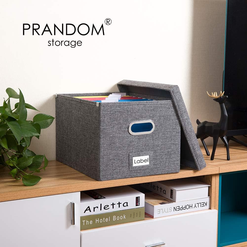 PRANDOM File Organizer Box - Set of 2 Collapsible Decorative Linen Filing Storage Hanging File Folders with Lids Office Cabinet Letter/Legal Size Grey (17x14x11.2 inch)