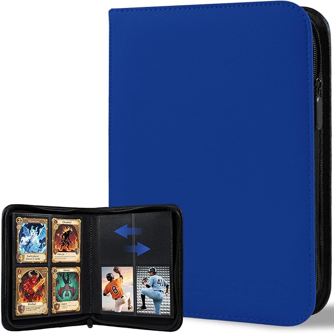 BYSTER 4 Pocket Card Binder, Premium PU Trading Card Binder with Zipper, 160 Capacity Side-Loading Binder for TCG, MTG, Sports Cards, Game Cards, Blue