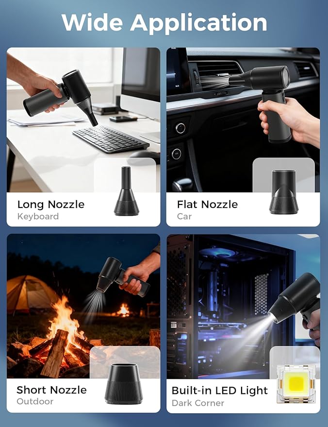 Compressed Air Duster-180000RPM Electric Air Duster Rechargeable Brushless Motor, Stepless Speed/3-Gear Adjustable Mini Blower Cordless with LED Light, Dust Blower for Computer, House, Outdoor, Car