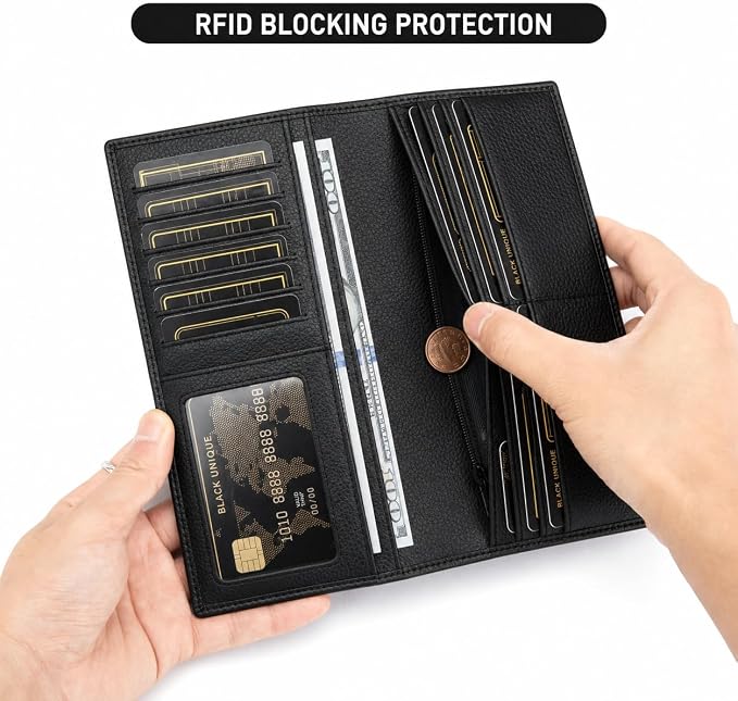 BISON DENIM Long Wallet for Men, RFID Leather Bifold, 12 Card Slots, Black | mens long bifold wallet checkbook billfold credit card holder id window zipper coin pocket slim cowhide purse organizer