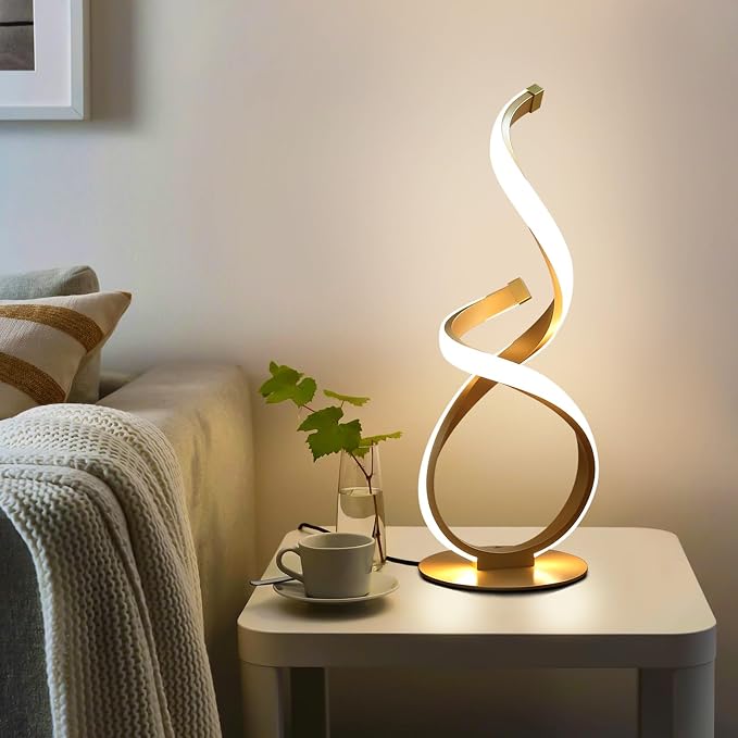 2 Pack Bedside Table Lamp, LED Spiral Desk Light, Touch Dimmable | 3 Color Temperature, Modern Nightstand Light for Night Stands, Unique Side Light for Bedroom, Living Room, Gold