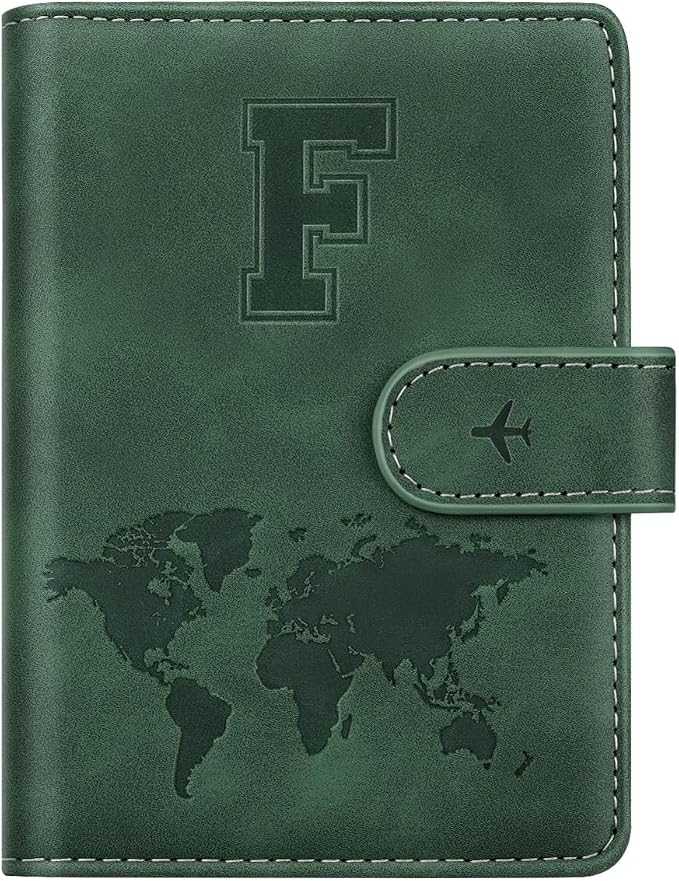 Passport Holder Wallet Cover Personalized Initial Travel Essentials | Embossed Letter A-Z Design, Travel Wallets, RFID Blocking, Passport Book Holders, Women and Men, Personalized Gifts, Green-F