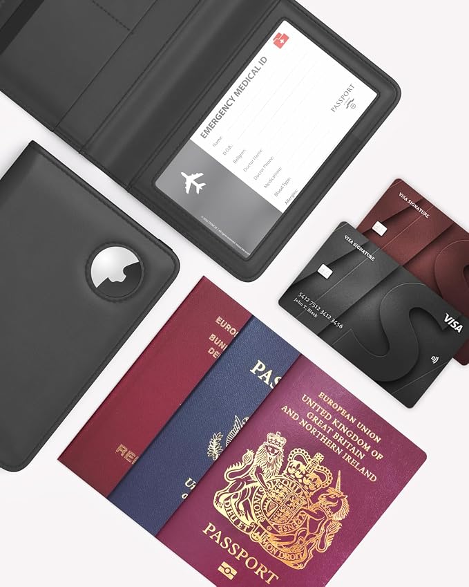 Stouchi AirTag Passport Holder – Slim RFID Travel Wallet | Ultra-slim, Waterproof PU Leather, 5 Card Slots, RFID Blocking, AirTag Slot – Perfect for US Passports