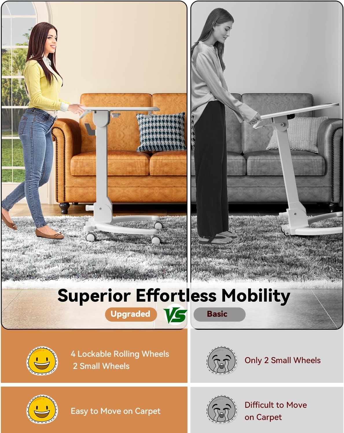 JOY worker Foldable Mobile Standing Desk, Upgraded Height Adjustable Rolling Desk, Max Height 47.6", 90° Tiltable Board & Base, Portable Workstation with Moveable Wheels, Holds Up to 22lbs, White