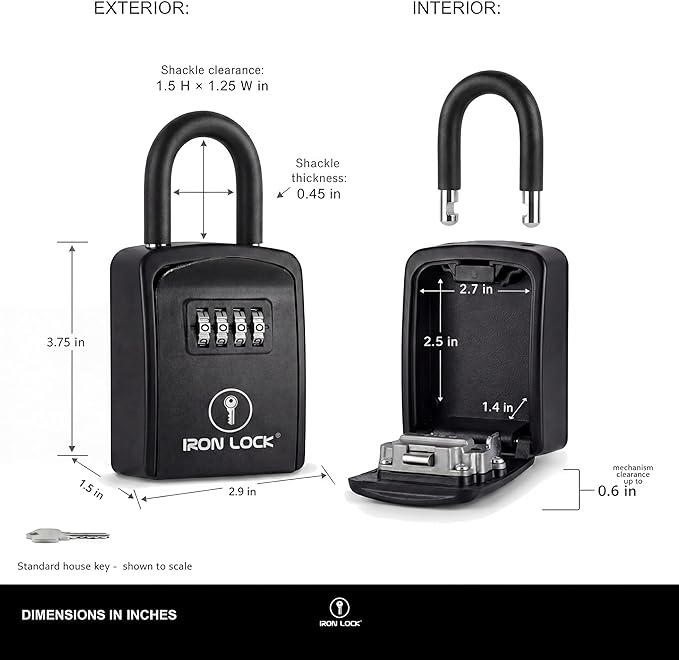 Iron Lock® Small Portable Key Lock Box with Code, U-Shackle (Small, Black) | U-shackle opens fully out to loop over a handle, gate, latch or rail; rolling combination dials, no app, no battery