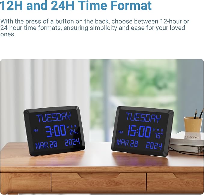 11.5” Extra Large Digital Wall Clock with Date and Day of Week , Electric Desk Clock for Seniors, Large Display Alarm Clock for Bedroom with Battery Backup, 5 Dimmer, 2 USB Ports, Indoor Temp, 12/24H