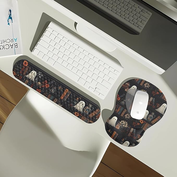 Ghost Book Mousepad with Wrist Rest Halloween Computer Keyboard Mouse Pad Black Cute, Mouse Pad with Wrist Rest for Computer Keyboard, 2 In1 Mousepad with Wrist Support Easy Typing&Relieve Wrist Pai