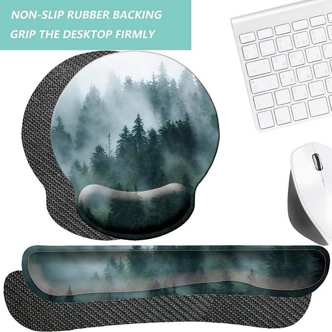 Keyboard Wrist Rest Pad Mouse Pad with Wrist Support Set of 3, Mousepad with Non-Slip Rubber Base, Ergonomic Memory Foam Mouse Wrist Cushion Support for Home Office Laptop Computer Gaming, Forest