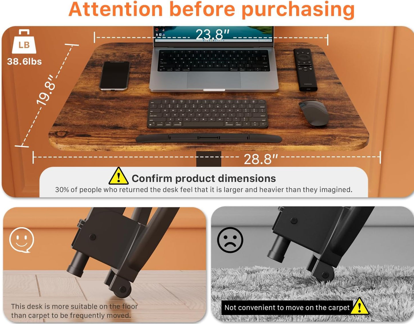 JOY worker Foldable Mobile Standing Desk, Pneumatic Height Adjustable Sit Stand Desk, 90° Tiltable Rolling Laptop Table, Portable Workstation with Non-Slip Mat for Home Office, Holds Up to 22lbs