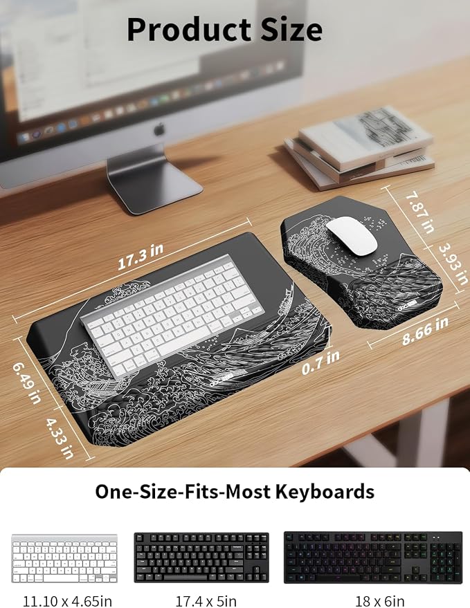 3-in-1 Ergonomic Keyboard Stand with Wrist Rest & Mouse Pad Set, Black Wave | Comfy Keyboard Riser Holder Soft Mousepad with Massage Design, Memory Foam and Non-Slip PU Base for Pain Relief