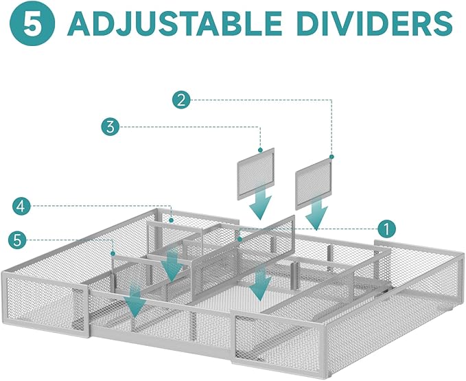 Expandable Desk Drawer Organizer Tray with 10 Adjustable Compartments, Metal Mesh Office Drawer Organizer, Versatile Desk Organizer for Home, School Supplies, Makeup Vanity & Jewelry (White)
