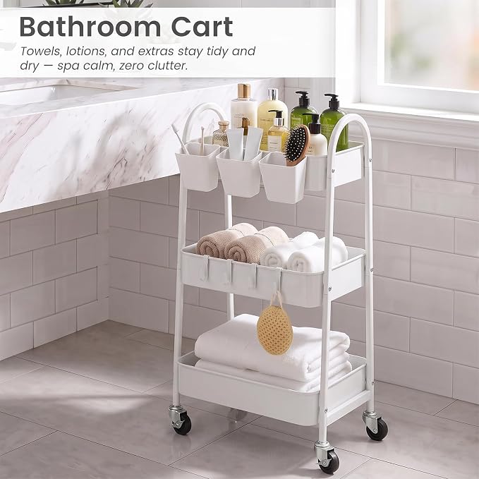 3-Tier Rolling Cart, Utility Cart Mobile Metal Rolling Storage Cart with Lockable Wheels & Hanging Cups & Hooks for Kitchen, Bathroom, Office, Workshop, White