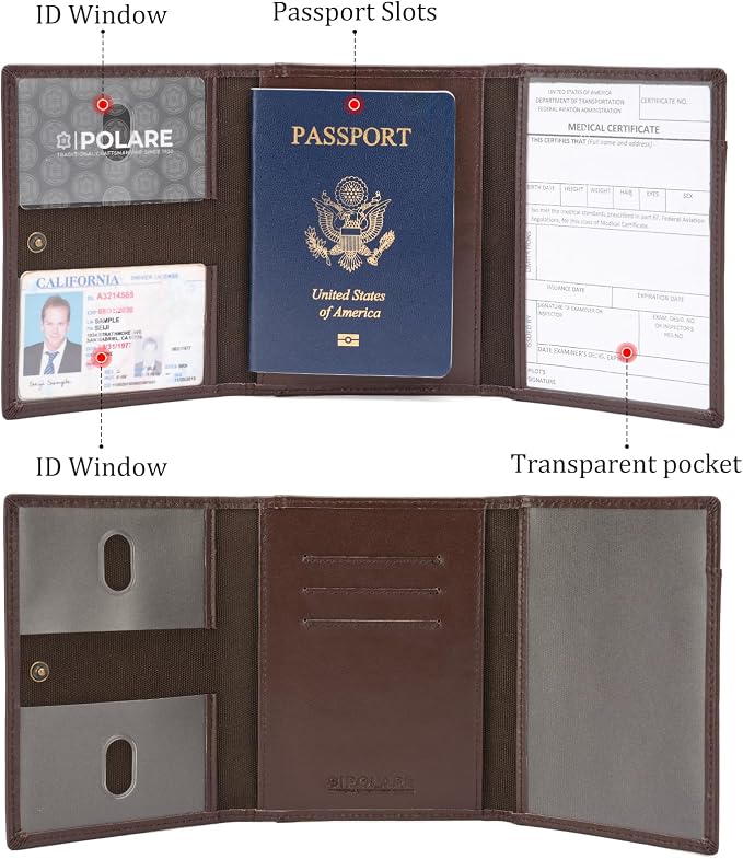Polare Napa Leather Pilot Wallet Passport Holder RFID Blocking Tri-fold Travel Cover Document Organizer for Aviation Professionals (Coffee with AirTag Slot)