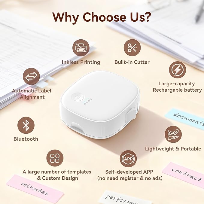 Mini Label Maker Machine with Tape AH-P05, Portable Bluetooth Mini Label Printer, Wireless Thermal Label Maker, Waterproof & Rechargeable, Built-in Cutter, for Home, Office, Kitchen – White