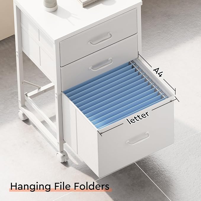 3 Drawer File Cabinet with Wheels with Open Storage Shelf, White | Rolling Printer Stand Fabric Lateral Filing Cabinet for Home Office