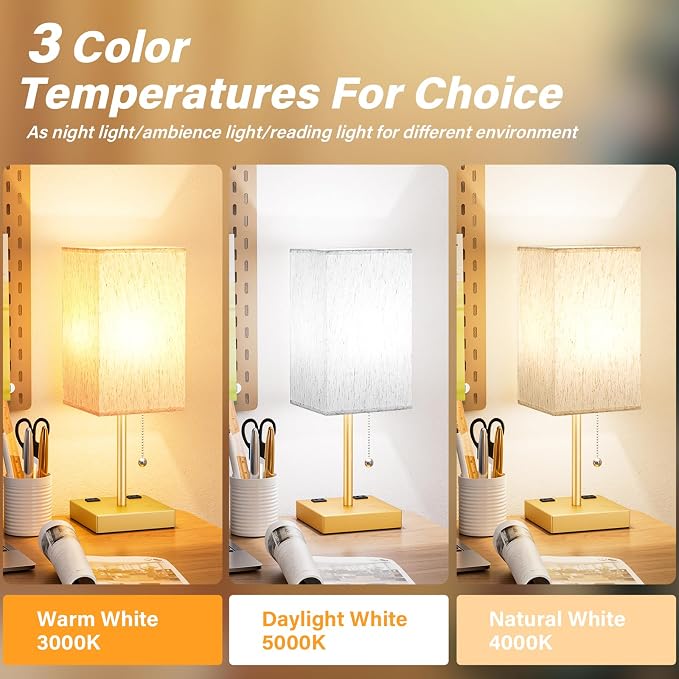 Gold Bedside Lamp for Bedroom - 3 Color Temperatures, USB A+C, 2 AC Outlets | Pull Chain Switch, LED Bulb Included, Cream Fabric Shade, 17.4" Table Lamp for Nightstand, Desk, Living Room, Office