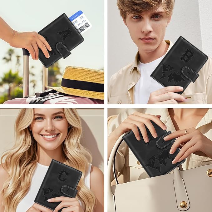 Passport Holder for Travel Essentials Personalized Initial Wallets | Embossed Letter A-Z Design, RFID Blocking, Passport Cover, Passport Book Holders, Men Women, Personalized Gifts, Black-B