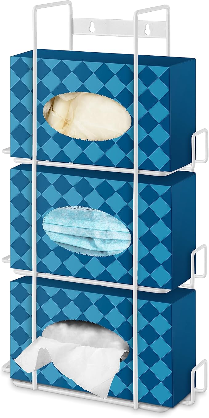 Stock Your Home (White Metal Triple Gloves Dispenser, Tissue Box Shelf, Glove Box Holder Wall Mount, For Kitchen, Cleaning Closet, Lab, Exam, or Office