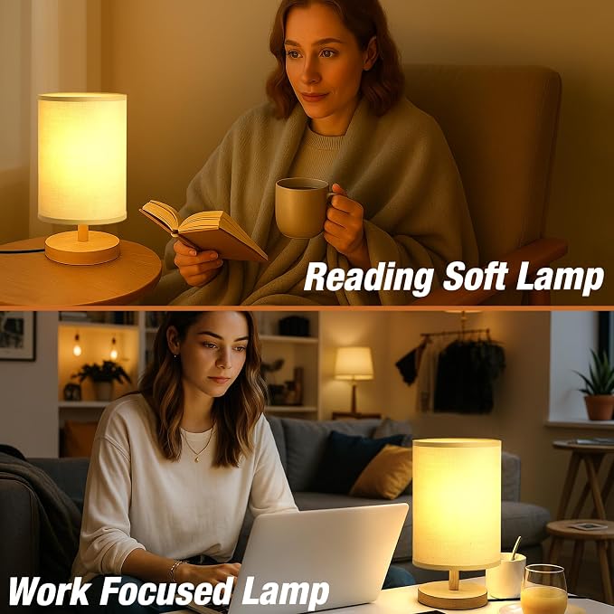 Desk Lamp LED Bulb Included, Small Bedside Table Lamp Plug-in - Classic Wood Base with Flaxen Fabric Shade, Lamps for Night Stands, Simple Nightstand Light for Bedroom, Office, Desk