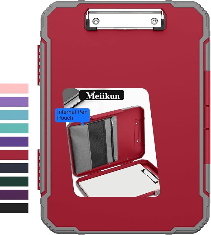 Meiikun Clipboard with Storage, Rugged Shockproof Protective, Internal Pen Pouch & Metal Clip, Heavy Duty Plastic Clip Boards 8.5x11, High Capacity Contractor Folder for School Office (Red)