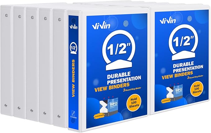 3 Ring Binder 1/2 Inch, ViVin Sturdy 0.5"-Round Ring Binder with 2 Interior Pockets, Clear View Cover, PVC-Free, Fits 100 Sheets of 8.5'' x 11'' Paper, Office Home School (12 Pack, White)
