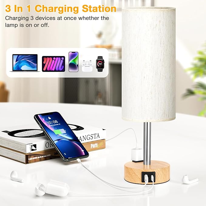 Touch Bedside Table Lamps Set of 2 - Bedroom Lamp with USB A+C, AC Outlet | 3-Way Dimmable, LED Bulb Included, Linen-Texture Fabric Lampshade, Wood-Grain Metal Base, 14" Small Nightstand Lamp for Dorm
