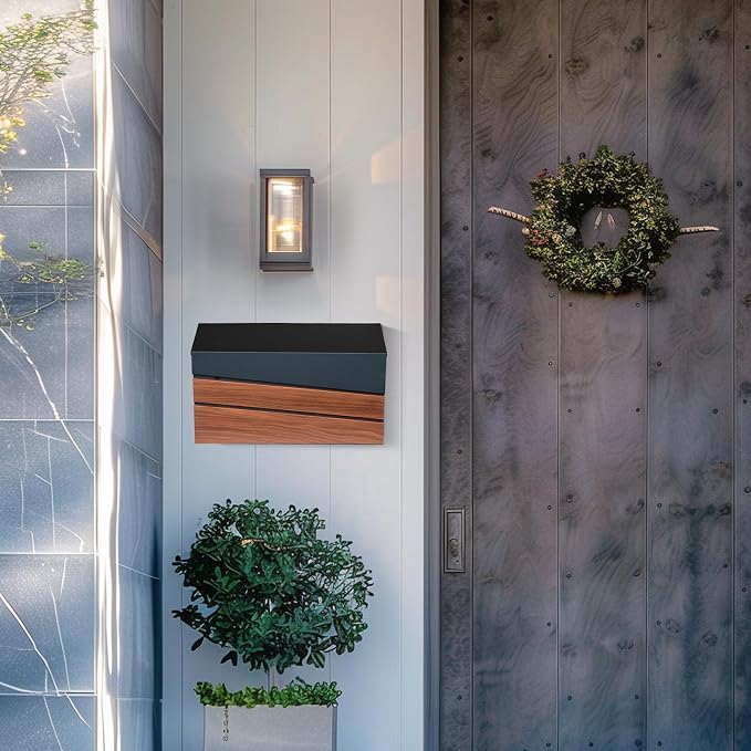 Wall-Mount Mailbox, Wood-Grain Metal Panel, Rust Resistant Large Capacity House Mailbox, Modern Drop Mailboxes for Outside, Metal Post Box (No Keys Locking)