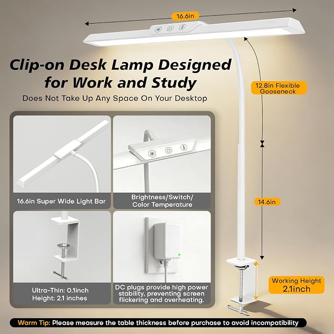 LED Desk Lamp for Office Home, Stepless Dimming Architect Desk Light with DC Adapter, Eye-Caring Desk Lamp with Clamp, 25 Lighting Modes Adjustable 12.8in Flexible Gooseneck for Workbench(White)