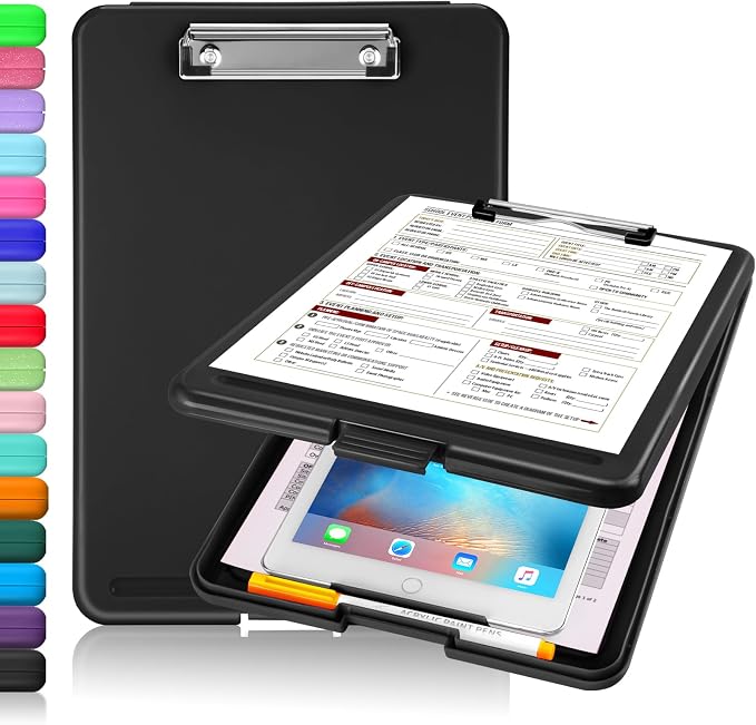Sooez Clipboard with Storage, Plastic Nursing Clip Board, 8.5" x 11", Black | Sturdy Clipboards Foldable, Cute Hanging Clip Board Case, Teacher, Classroom Must Haves, Office School Supplies, Women & Men