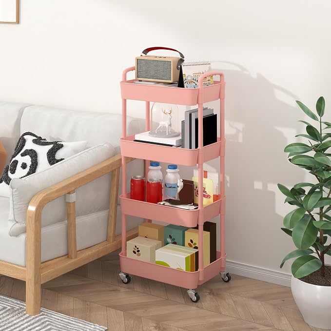 Sywhitta 4-Tier Plastic Rolling Utility Cart with Handle, Multi-Functional Storage Trolley for Office, Living Room, Kitchen, Movable Storage Organizer with Wheels, Pink | Multi-Functional Storage Trolley, for Office, Living Room, Kitchen, Bathroom,Mova...