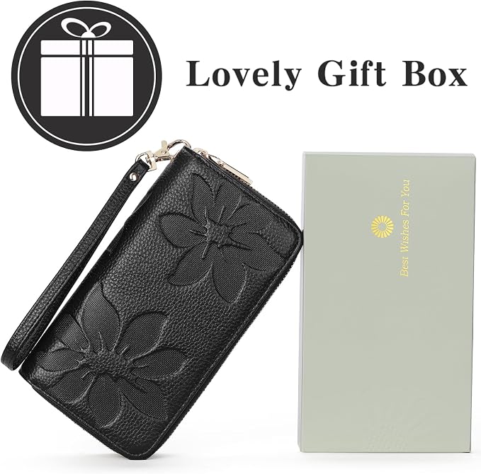 GOIACII Women's Wallet Large Capacity Double Zip Ladies Card Phone Holder RFID Blocking Wristlet Leather